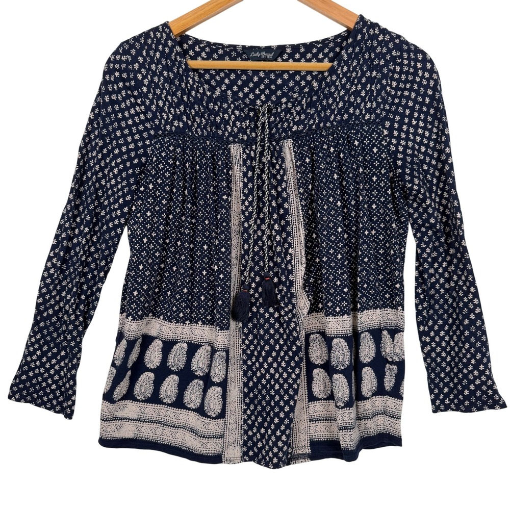 Lucky Brand Peasant Top Women Small Navy Blue White Boho Paisley Tassel Tie